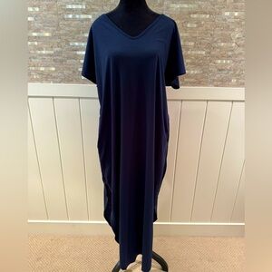 Navy Blue Long Floor Length Maxi Dress V Neck Short Sleeve XL Extra Large Pocket